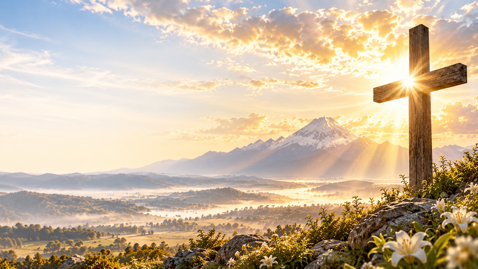 Paisaje con cruz al amanecer y rayos de luz